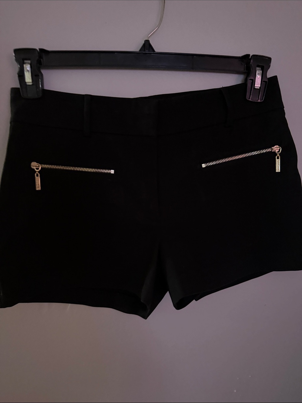 MARCIANO Black High Waist Tailored Shorts . Front pockets with Gold Zippers